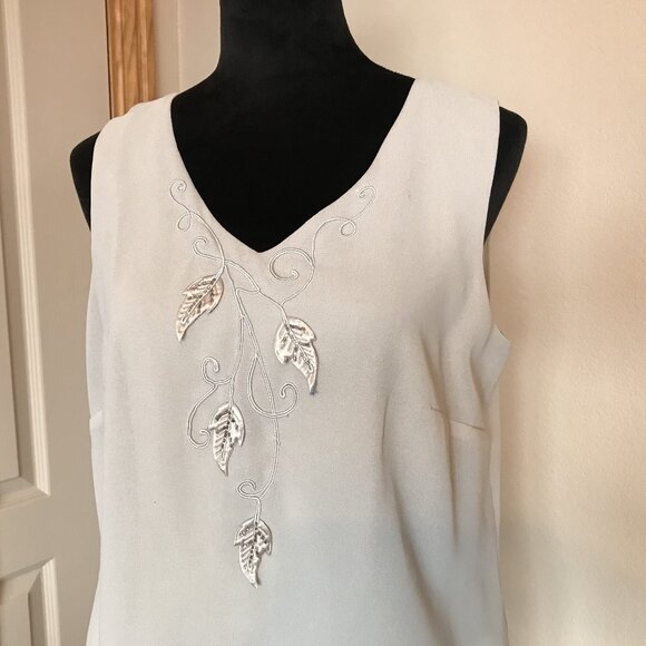 R&M Richards Karen Kwong 70s Floral Leaf Embroidered Cream Blouson Dress Size 12 - Picture 11 of 16